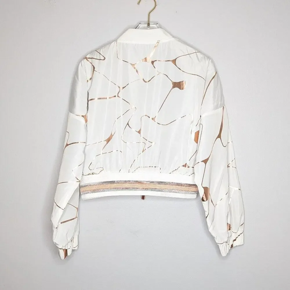 Lime & Vine White Rose Gold Swirl Pattern Cropped Jacket Long Sleeve Zip Up M - Picture 2 of 12